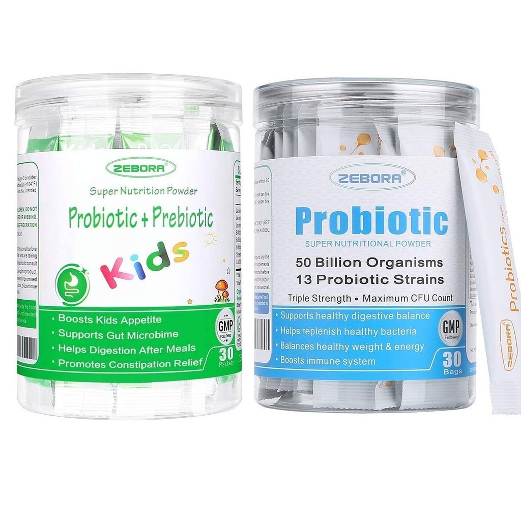 ZEBORA Probiotiques pour les femmes, les hommes et les enfants âgés de 3 ans et plus, Prébiotiques et probiotiques Poudre pour la santé digestive et immunitaire – Soutenir un système respiratoire sain sans gluten et non OGM, 30 sacs