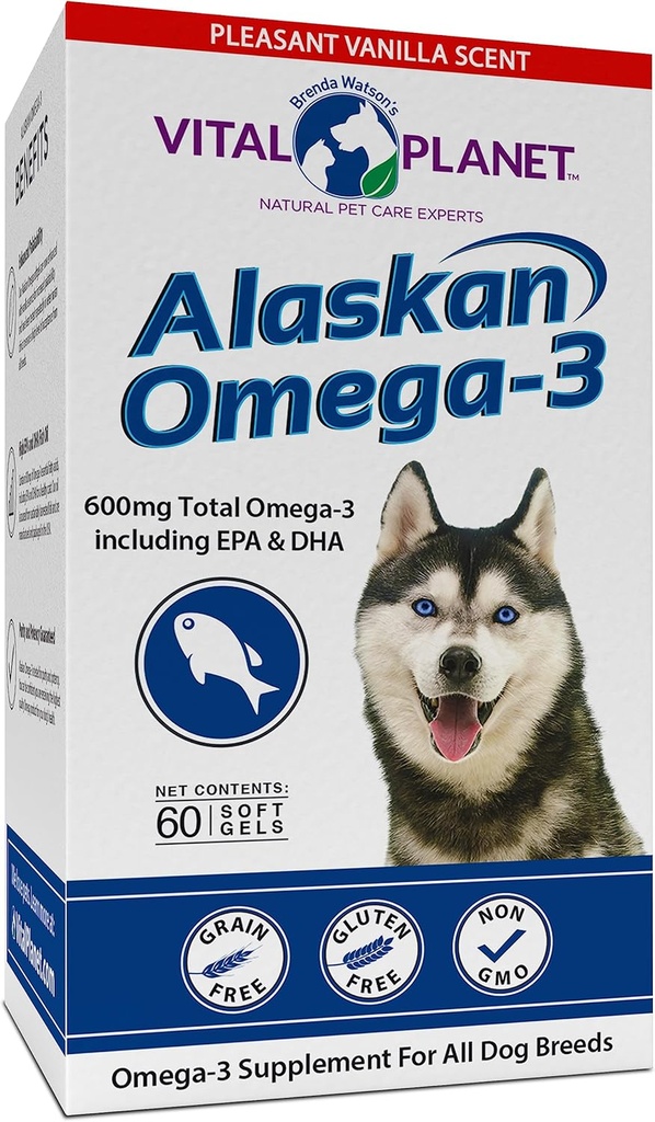Vital Planet - Alaskan Omega-3 Visoliesupplement voor honden met 600 mg Omega-3, hoog in DHA en EPA van duurzaam Geoogst Wild Gevangen Koude Watervis, 60 Vanilla Softgels