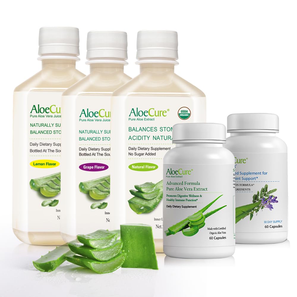AloeCure Organic Aloe Vera Juice & Aloe Capsules - 5 Pack - Grape, Natural, Lemon Flavor Juice, Aloe Capsules, VeraFlex