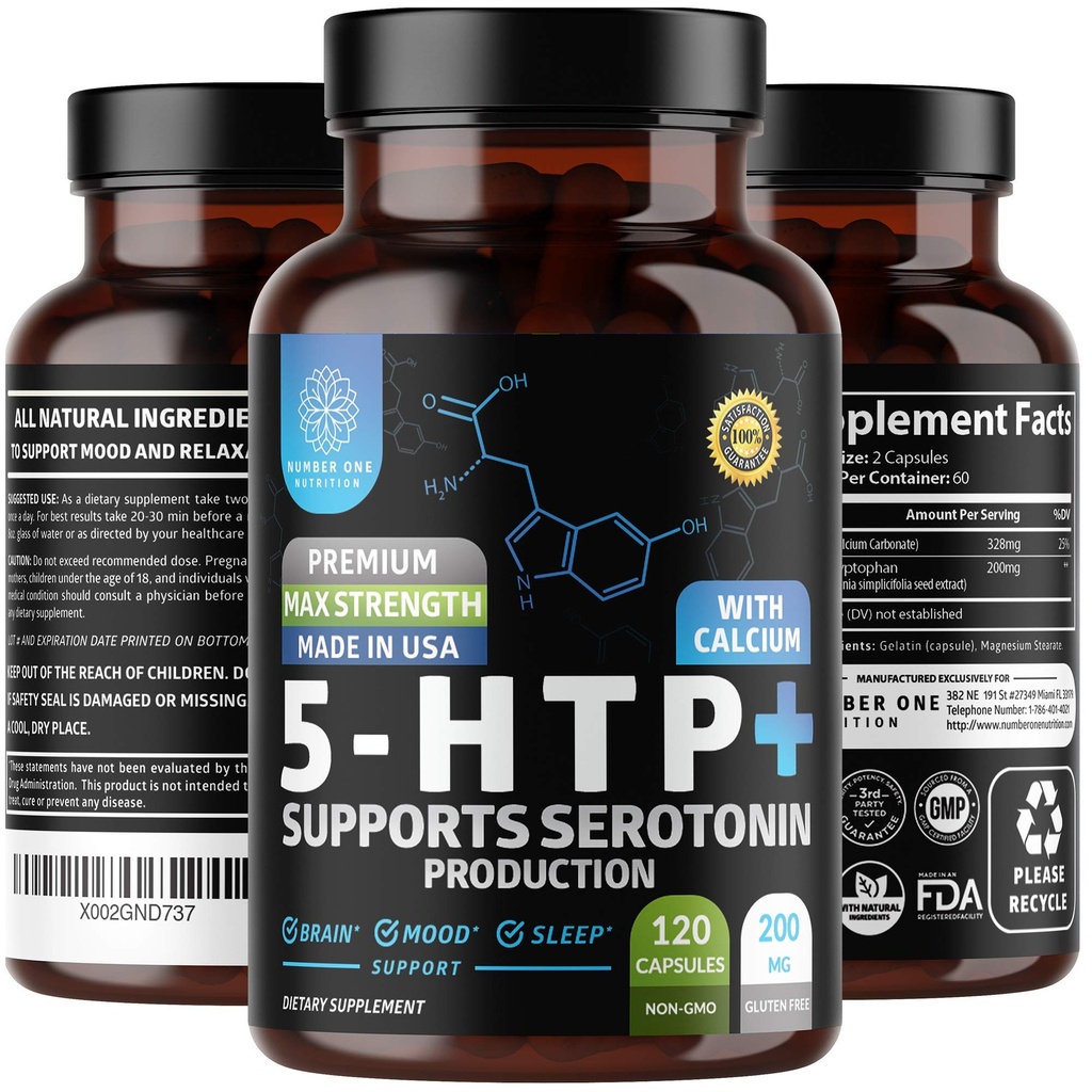 N1N Premium 5-HTP 200mg Plus Calcium, gemaakt van Griffonia Seed Extract, Niet GGO en Glutenvrij, 120 Caps