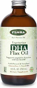 Flora DHA huile de lin - soutient la santé du cerveau - contient Oméga végétalien-3-6-9, sans gluten, sans casher et non-OGM - garder refroidi - bouteille de verre - 8,5 fl. oz.