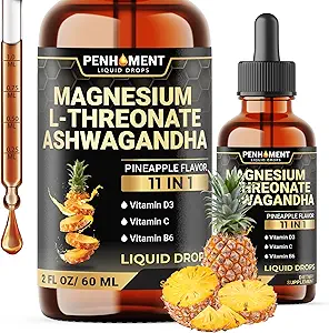 11en1 Magnesium L-Thréonate gouttes liquides avec Ashwagandha, vitamine D3, vitamine C, vitamine B6 et 6 Plus - Soutien du cerveau - Arôme d'ananas - 2 FL OZ pour 2 mois complets