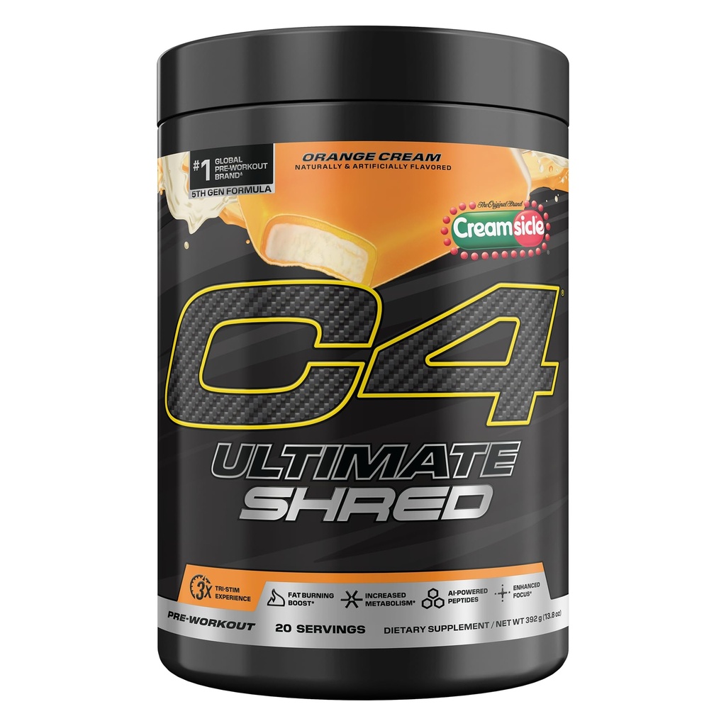 Cellucor C4 Ultimate Shred Pre Workout Powder, Metabolisme supplement met Cayenne Extract+300mg Cafeïne+TeaCrine+Dynamine - Orange Creamsicle, 20 porties