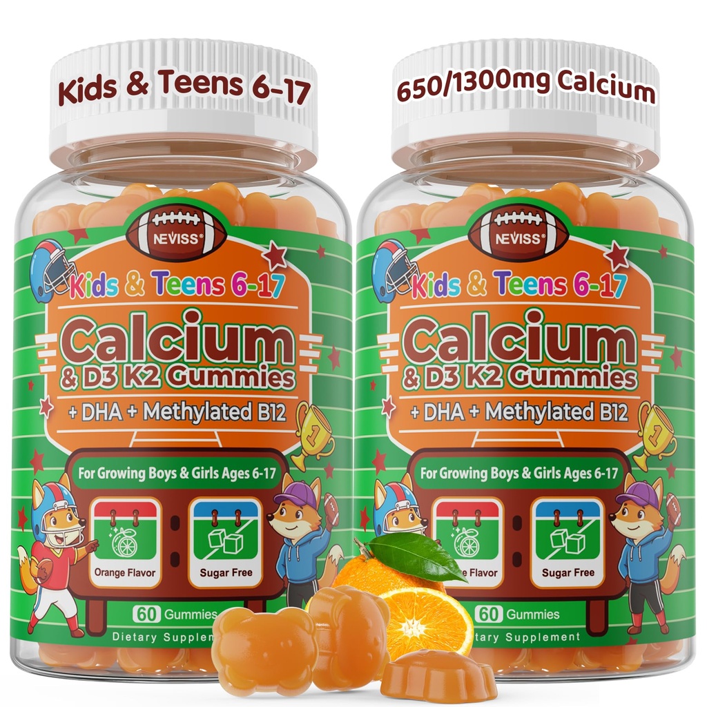 Kids Teens Calcium Gummies + Vitamin D3 K2 + B12 + DHA Gummy, for Children & Teenager Boys Girls Ages 6-17 Years Old, Back to School Routine Daily Nutrition, Bone Energy Brain, Sugar Free, 2Pack