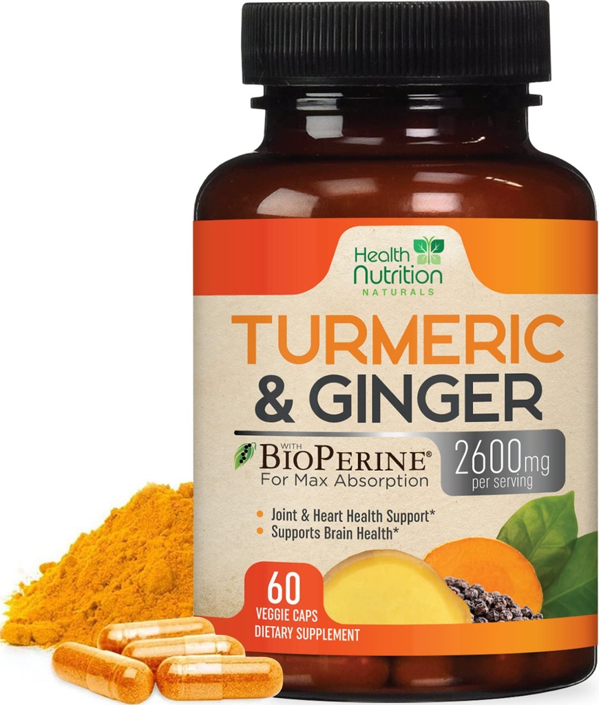 Kurkuma Curcumine Supplement 2600mg - met biologische gember & kurkuma, 95% Curcuminoïden, BioPerine Black Pepper voor beste absorptie, Nature's Vegan Joint Support, Non-GMO, gebotteld in de VS - 60 capsules