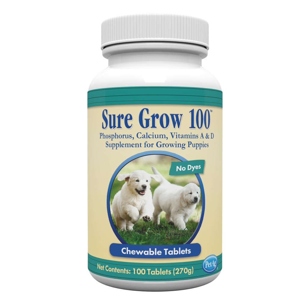 PetAg Sure Grow 100 - favorise le développement optimal des os chez les chiots Huit semaines et plus - avec le calcium, le phosphore et les vitamines A & D - 100 comprimés à croquer