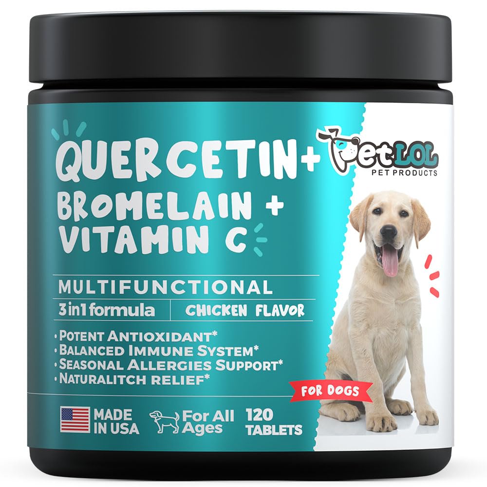 Quercetine voor honden met bromelaïne en vitamine C - Allergie en jeuk Relief, immuun- en ontstekingssteun - 120 kauwtabletten Made in USA