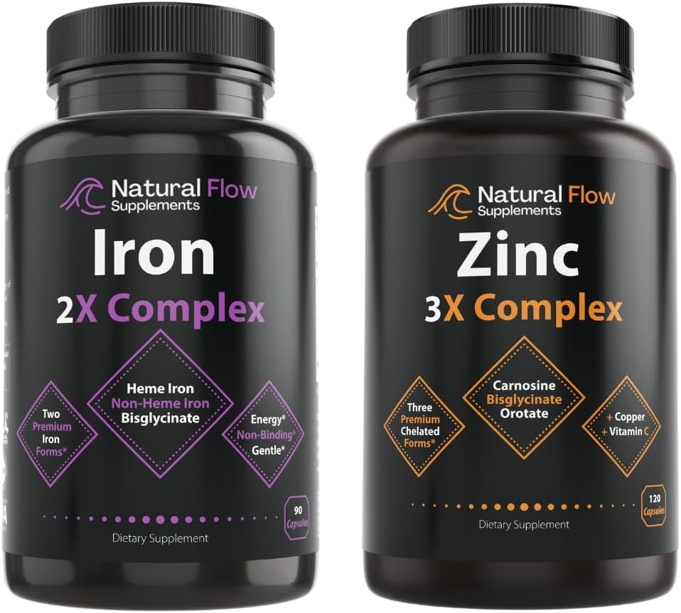 Zink Supplement Complex met koper en vitamine C - Natuurlijke stroom 3X Zink Carnosine en ijzer Supplement 2-in-1 Complete Complex - Natuurlijke stroom 2X Hemel en chelated Non Hemel Iron Bisglycinaat