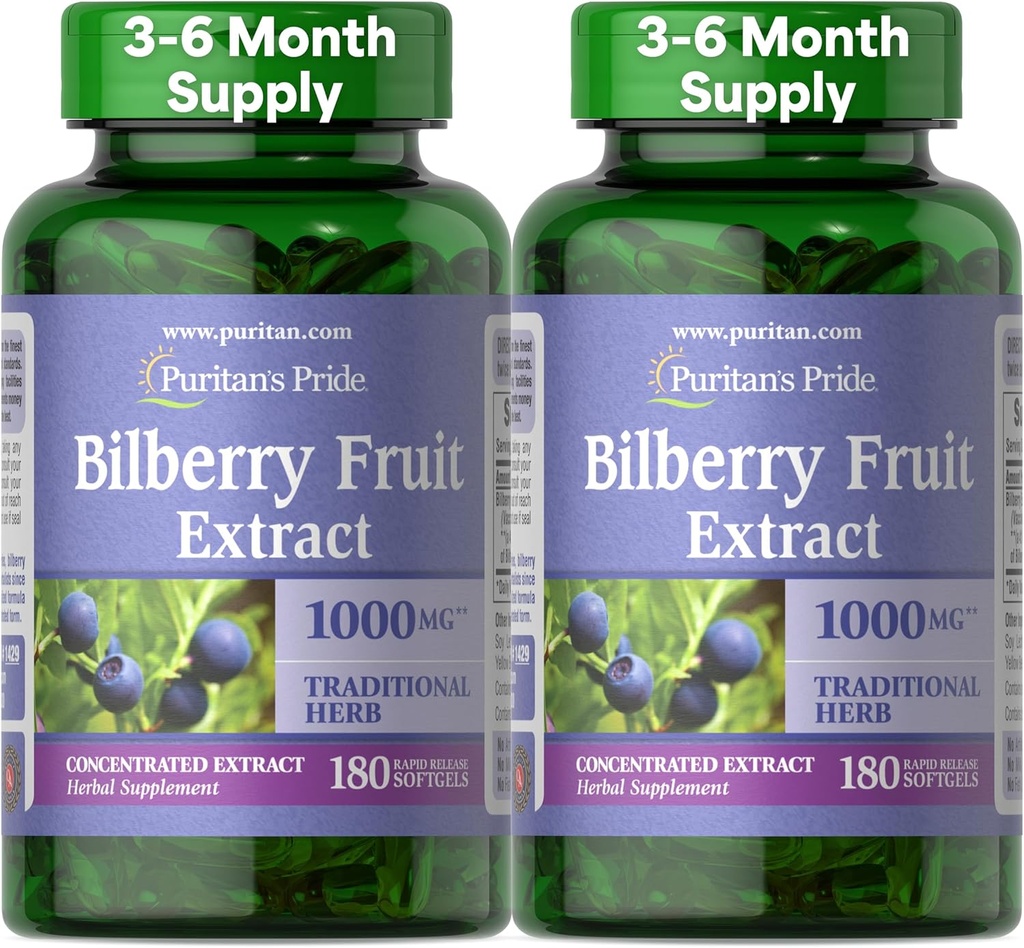 Puritan's Pride Premium Bilberry Fruit Extract 250 mg (1000 mg equivalent), 4:1 Geconcentreerde traditionele kruidensupplement, vitamine C, 3 tot 6 maanden Supply, 180 Rapid Release Softgels 2-pack