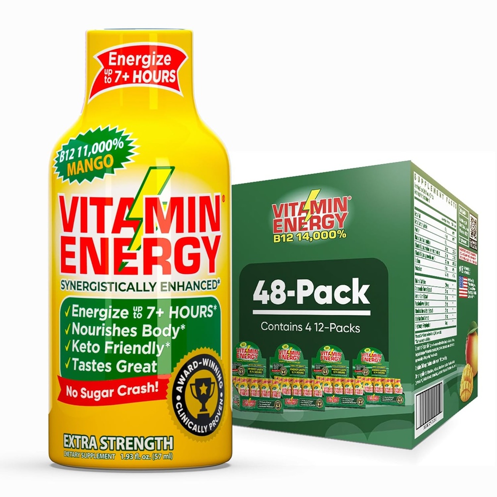Vitamine Energie B12 11.000% Extra sterkte Energie Shot Mango 48 Pack, 260mg Natural Cafeine, B12 & B6, Nootrope Focus, Vitality, Zero Sugar, Gluten-Free, Vegan, Kosher, 1,93 fl oz