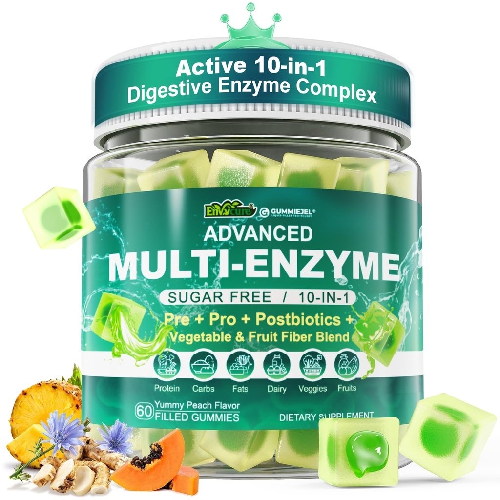 Digestieve enzymen Gummies voor vrouwen en mannen, multi-enzymen met 90miljard CFU Probiotica en Prebiotica & Postbiotica, Plantaardige & Fruit Fiber Blend, Super Enzymen voor Digestieve & Gut Health,Immune,60Cts