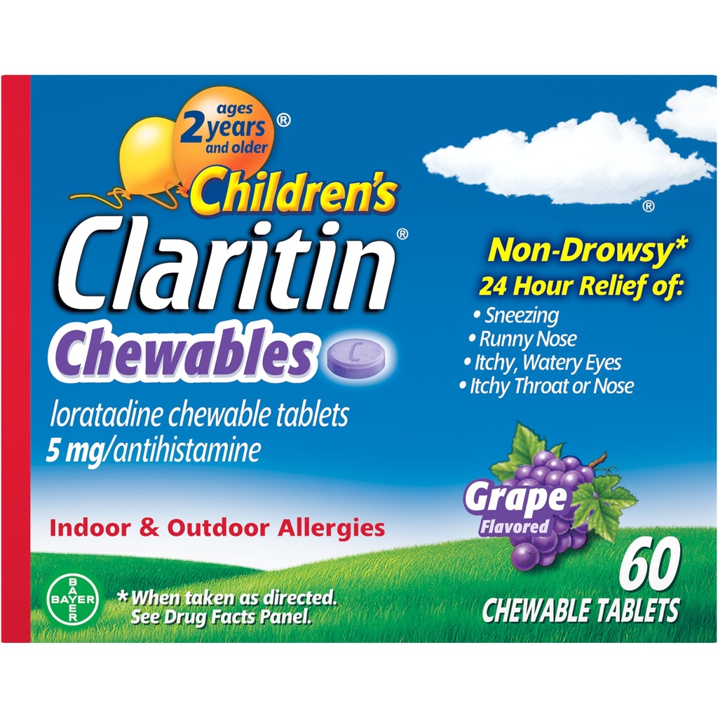 Kinderen Claritin Kauwtabletten 24 HR Kinderen Allergie Geneeskunde, Grape, 60 Graaf