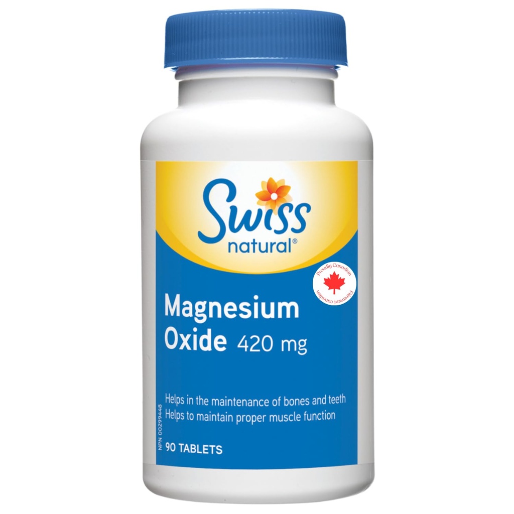 Swiss Natural - Magnesium Oxide 420mg - Helps in The Maintenance of Bones and Teeth, and to Maintain Proper Muscle Function. Helps The Body to Metabolize carbohydrates, fats and proteins - 90 Tablets