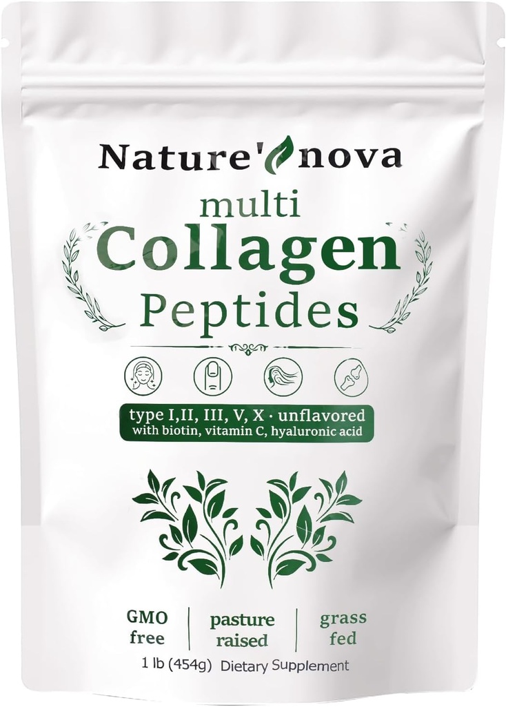 Nature's Nova Multi Collagen Peptides Powder - Type I,II,III,V,X met Biotine, Hyaluronzuur, Vitamine C - Ongearomatiseerd, Gemakkelijk opgelost, Niet-GMO