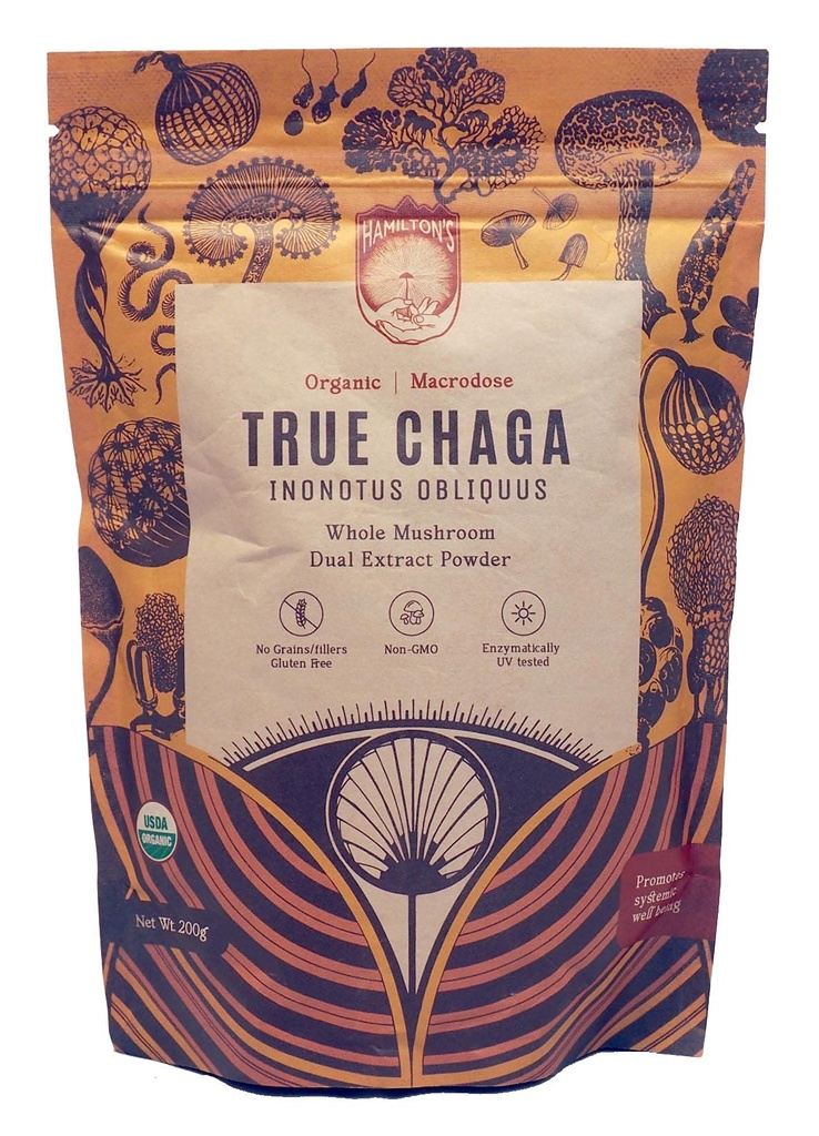 Hamilton's True Chaga | Organic Mushroom Extract Powder for Immune Support, Skin and Hair Health | High Potency | 30% Beta Glucans | No Additives | GF, Non-GMO, Vegan (200g)