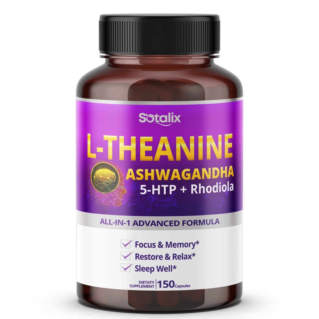 Supplément Sotalix L-Theanine avec Ashwagandha 5-HTP + Rhodiola - Focus & Memory, Restore & Relax, Qualité du sommeil - USA Made & Tested (150 Compte (paquet de 1))