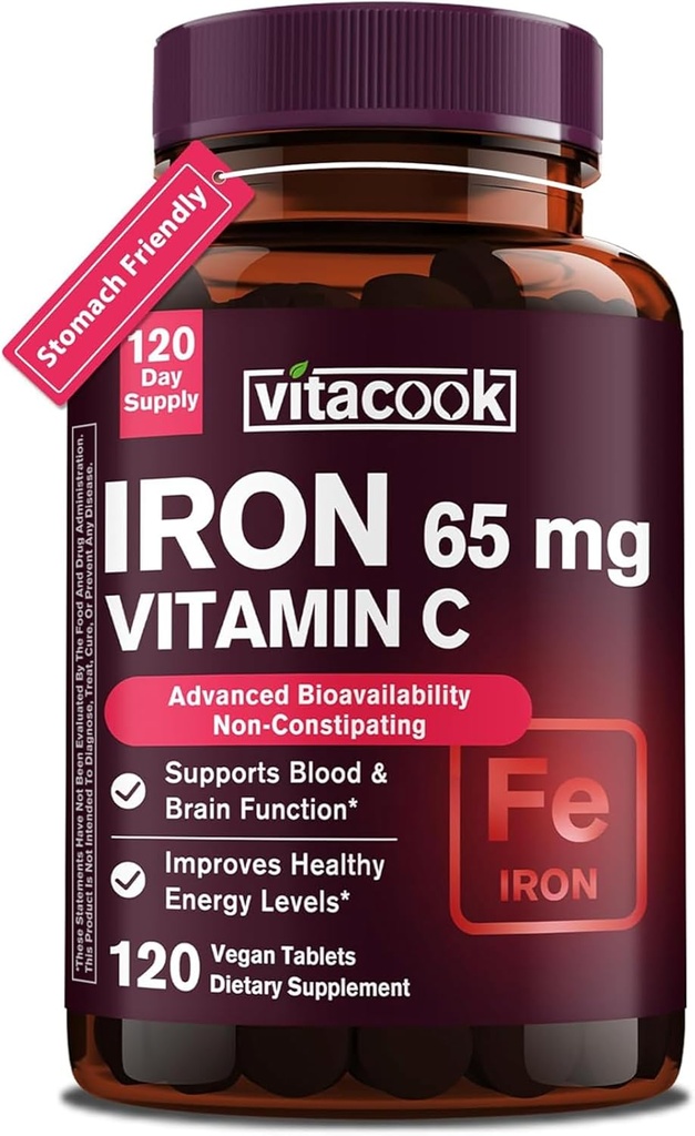 IJzersupplement voor vrouwen mannen, hoge potentie ijzer 65 mg met vitamine C 250 mg, maag vriendelijk ijzer pillen voor rode bloedcel en immuunondersteuning, non-GMO en glutenvrij,120 Vegan tabletten