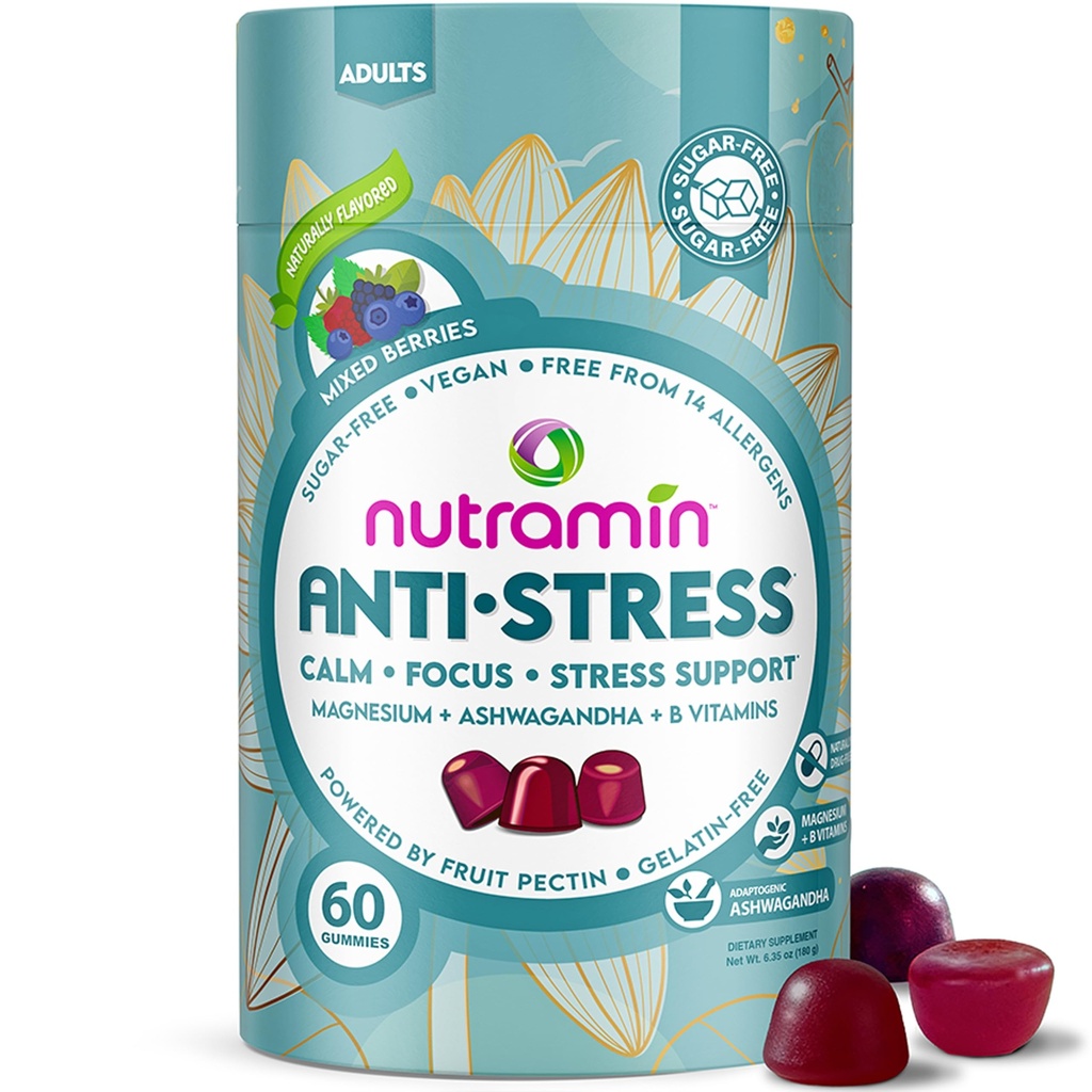 NUTRAMIN Mood Boost Multivitamin Gummy - Delicious & Yummy Anti-Stress Magnesium Ashwagandha Gummies + B Complex Vitamins for Focus and Calm, Sugar-Free, Vegan, Gluten-Free, Allergy-Safe, 60 Count