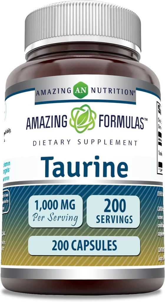 Verbazingwekkende Formules Taurine 1000 Mg per Serving 200 Capsules Amino Acid Supplement 