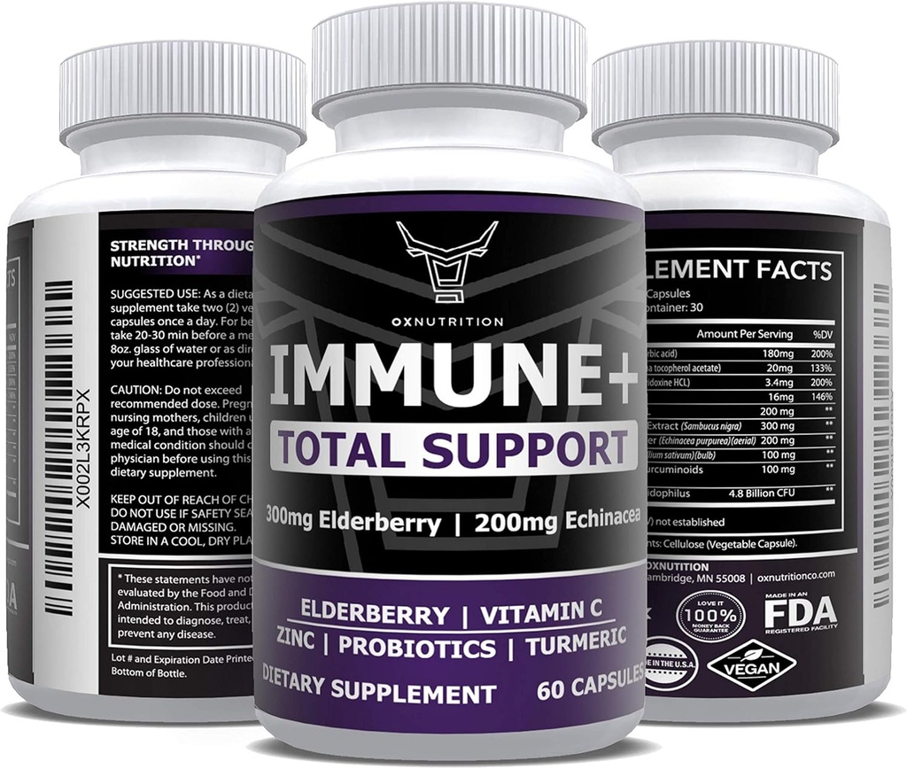 OX Nutrition 10 in 1 Vlierbes, Vitamine C, Zink, Vitamine E, Vitamine B6, Echinacea, Knoflook, Kurkuma, L-Glutamine HCL & Lactobacillus Probiotica & Antioxidanten voor Immune Defense 1 maand