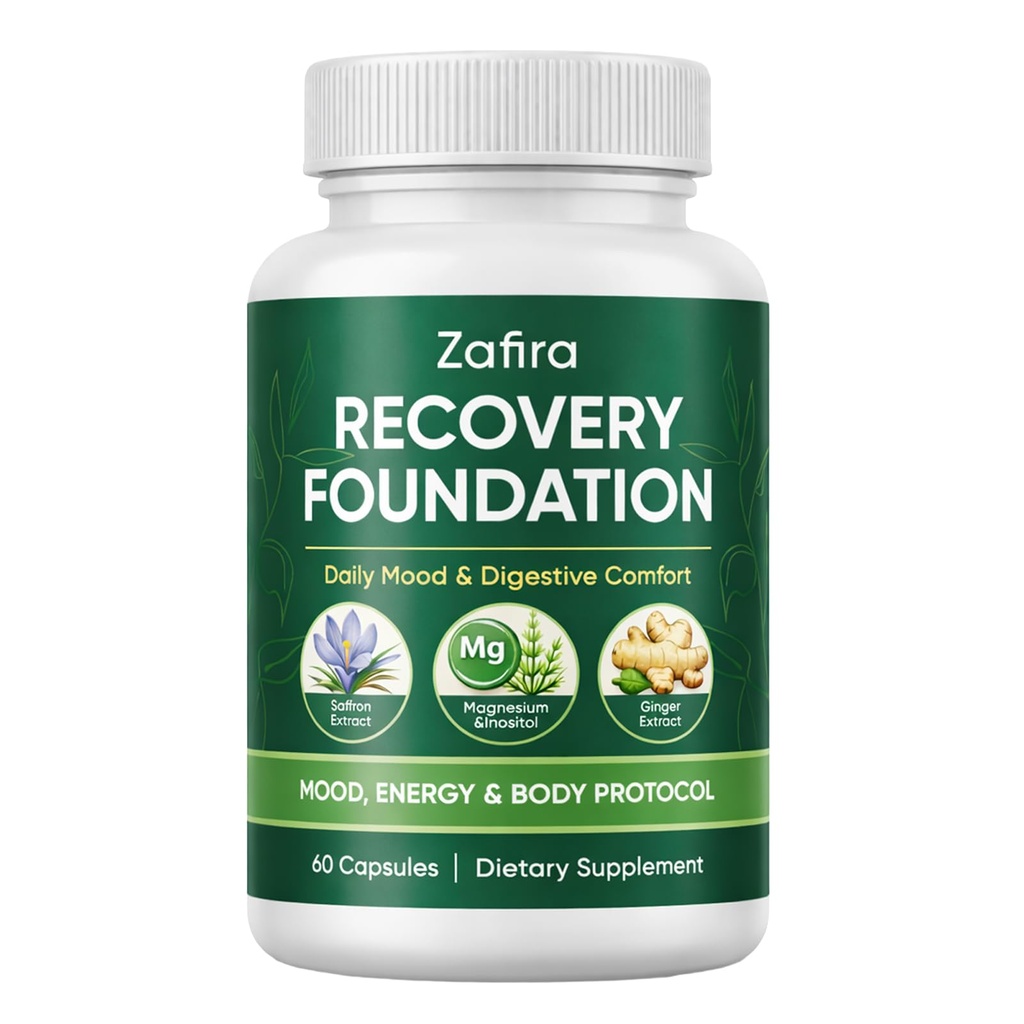 Zafira Organics Saffron Supplements, Zafira Recovery Foundation Capsules for Daily Wellness Support, with Saffron Extract, Magnesium Bisglycinate, Ginger, Zinc, Vitamin D3 & B12, 60 Capsules