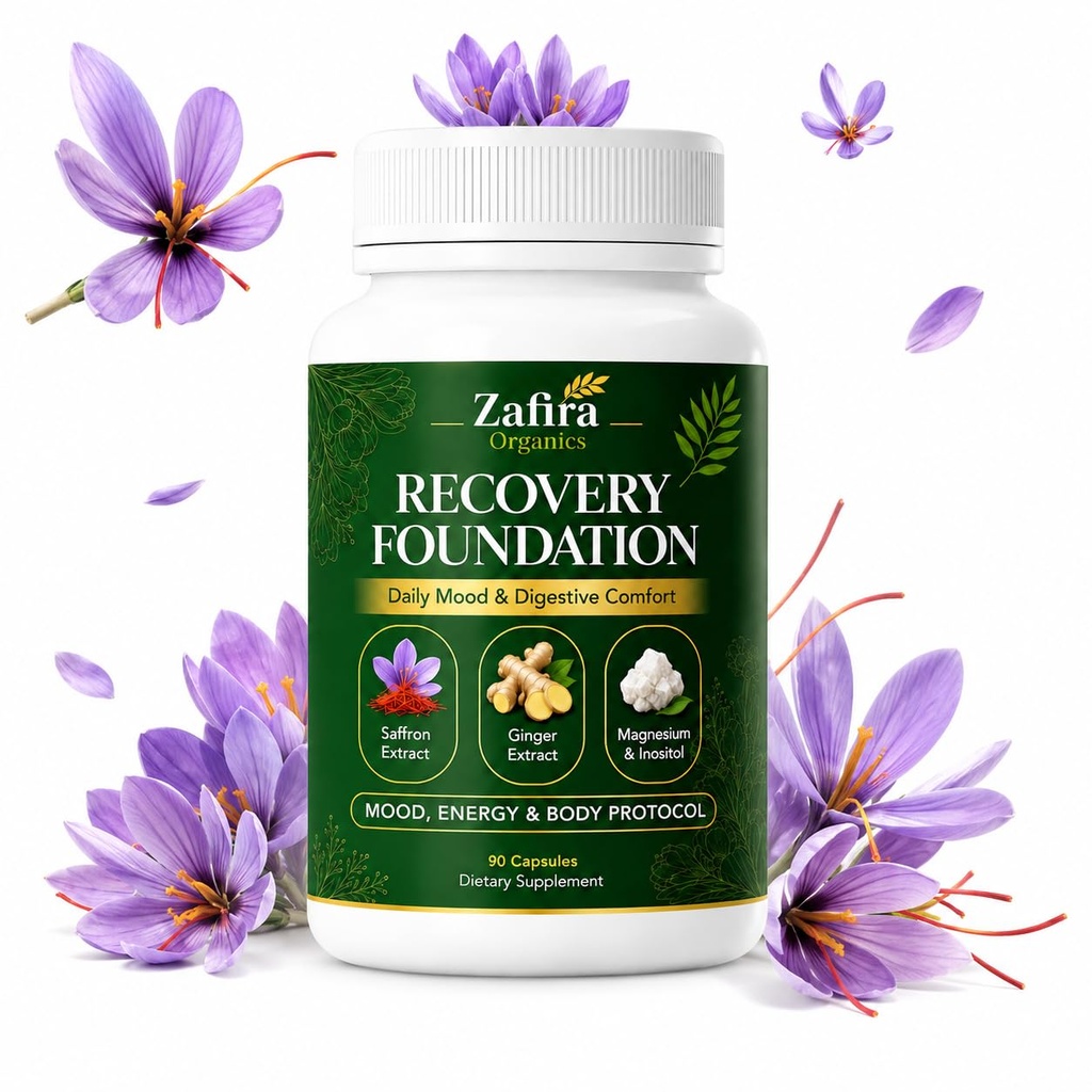 Recovery Foundation Supplement – Saffron Extract, Ginger Extract, Magnesium & Inositol Complex, Daily Mood & Digestive Comfort Support for Women & Men, 90 Capsules (1 Pack)