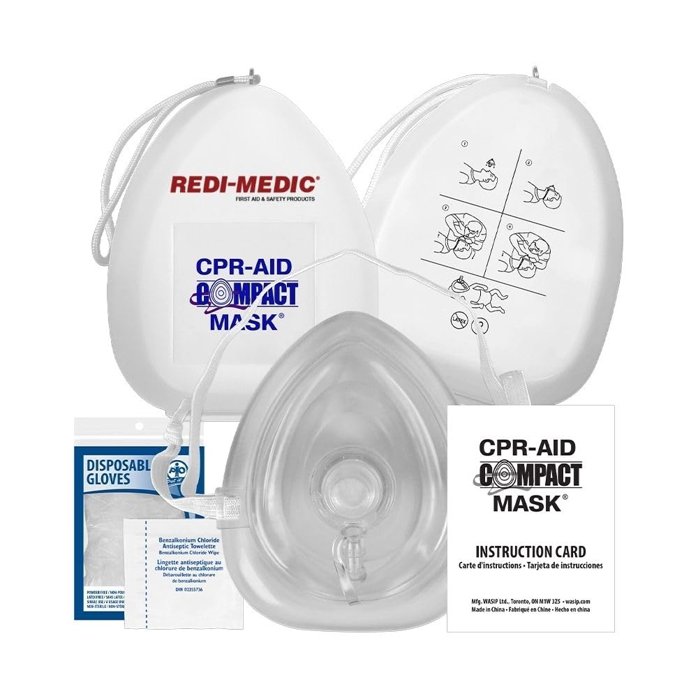 Emergency First Aid Adult Mask Kit w/O2 Inlet, Case, Disposable Gloves, Wipes, Bilingual Instructions. Made in Canada.
