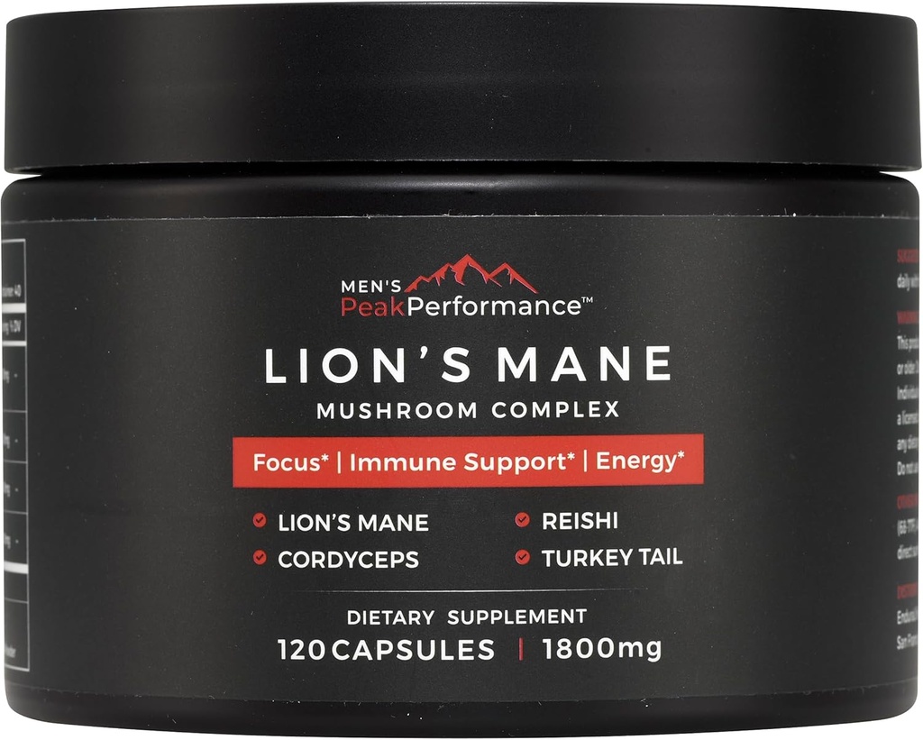 PeakPerformance Lion's Mane Mushroom Complément Capsules avec Reishi, Cordyceps, Turkey Tail – Cerveau Nootropic pour la mémoire, Focus, l'énergie naturelle et supplément de soutien immunitaire (120 Capsules)