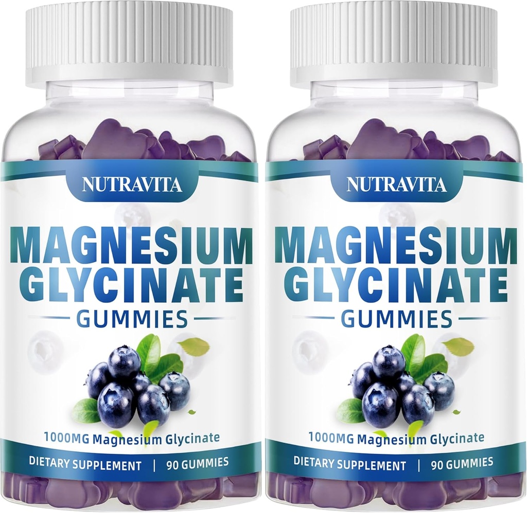 Magnesium Glycinate Gummies 1000mg met Magnesium L-Threonaat, Gecheld Magnesium Kalium Complex Supplement met VitD, B6, CoQ10, Calcium, Ondersteuning voor Geheugen, Kalm, Mood - 180 Gummies Blueberry