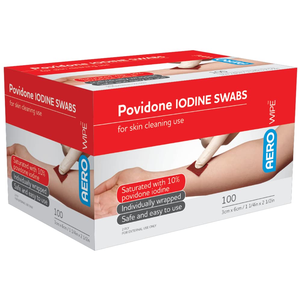 AEROWIPE 10% Povidone Iodine Swabs, antiseptic wipes for pre‑procedure skin cleansing, alcohol free, individually wrapped 2 ply pads for consistent coverage, 60 mm x 33 mm, box of 100
