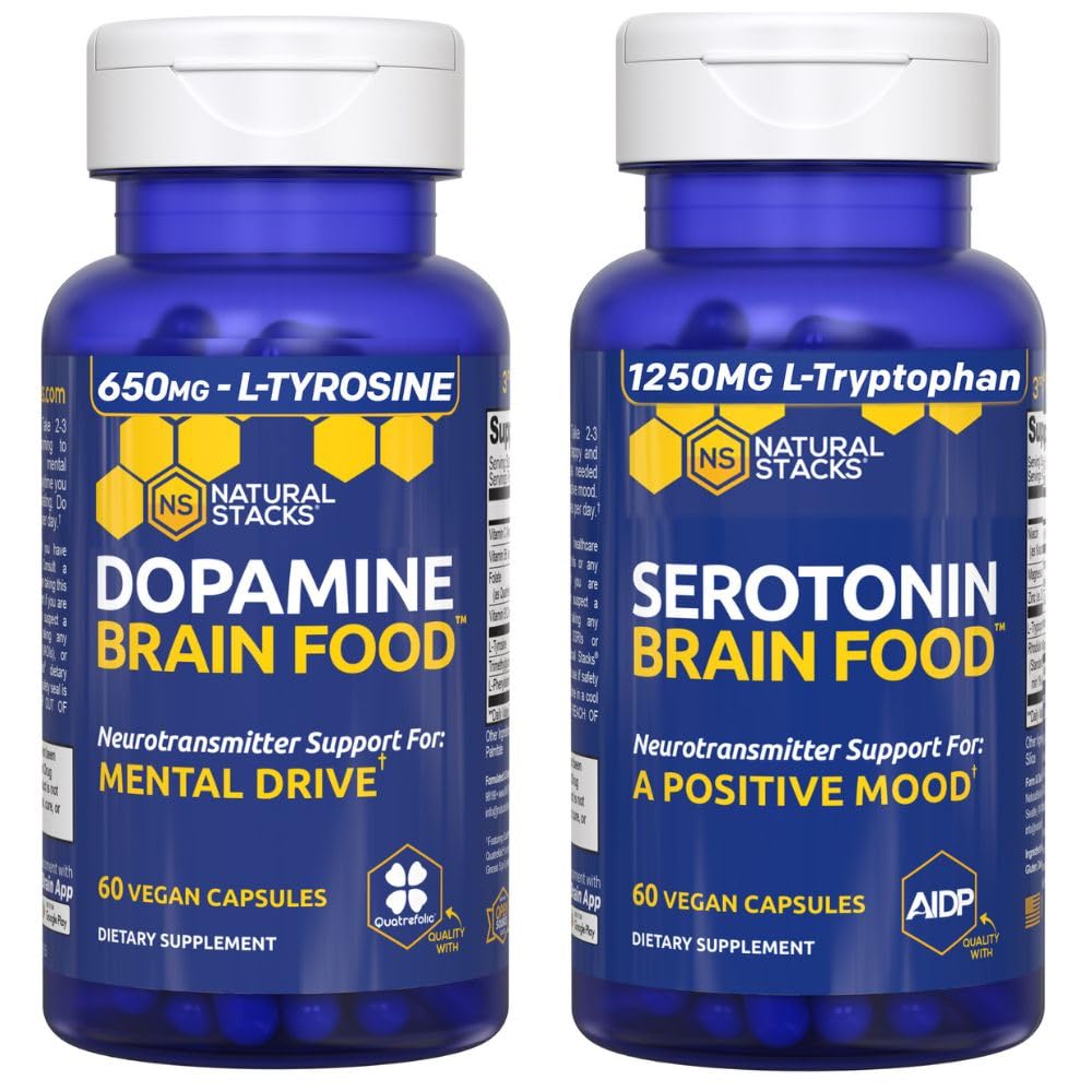 NATUURLIJKE STAKKEN Serotonine Hersenvoeding + Dopamine Hersenvoedingsbundel - Ondersteunt een positieve Mood & Mental Drive* - 120 Totaal Capsules