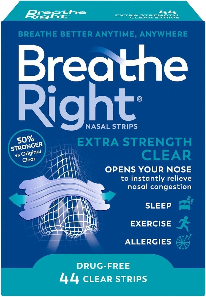 Breathe Right Extra Strength Nasal Strips 44 Pack for Normal & Oily Skin – Anti Snoring & Nasal Congestion Relief, Blocked Nose Relief, Instant Breathing Support for Sleep & Exercise, Men & Women