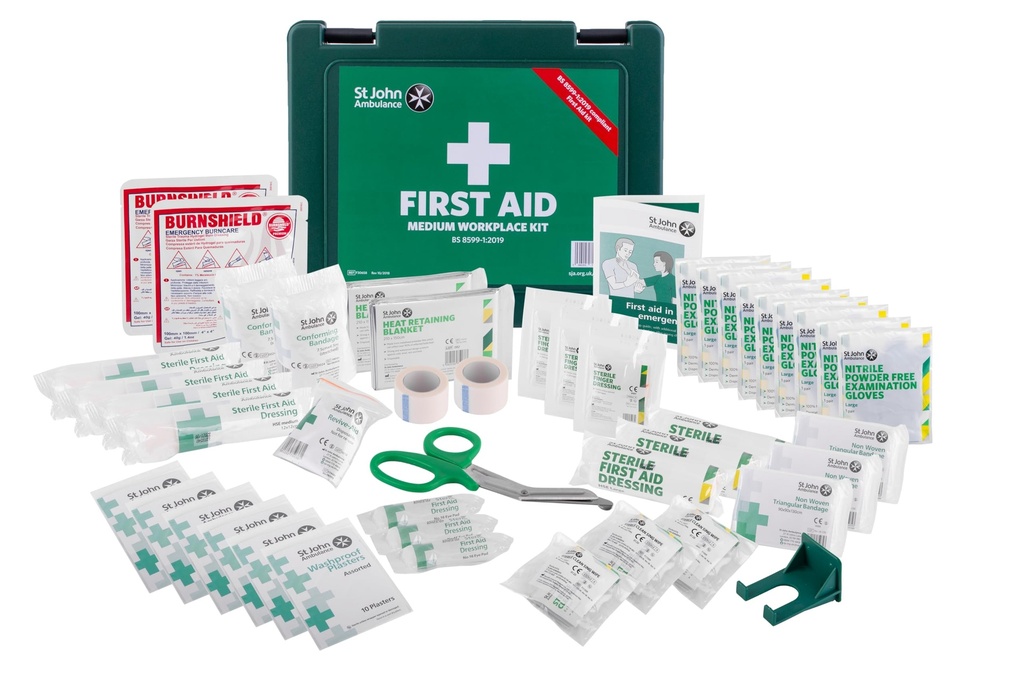 St John Ambulance Medium Workplace First Aid Kit | BS 8599-1:2019 Compliant | for 25 – 50 People | with Wall Bracket | Eco-Friendly Packaging