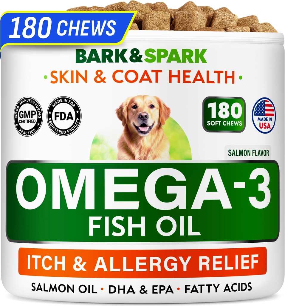 BARK&SPARK Omega 3 voor honden - 180 Vish Oil Treats for Dog Shedding, Skin Allergie, Itch Relief, Hotspots Treatment - Joint Health - Skin and Coat Supplement - EPA & DHA Fatty Acids - Salmon Oil