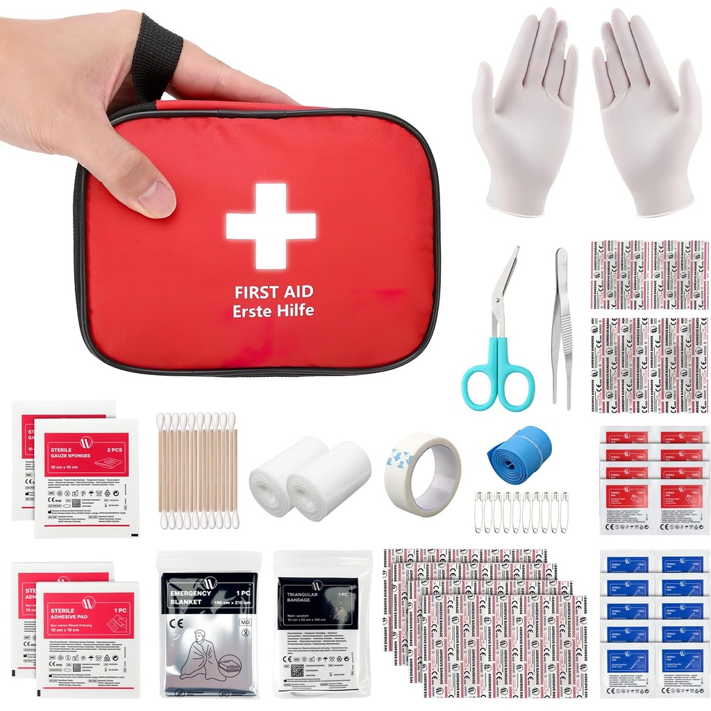 HONYAO First Aid Kit 90 Pcs, Small Travel First-Aid Bag, Mini Compact Survival Kit for Travel Car Home Workplace Kids Camping Hiking Motorbike Holiday, Red
