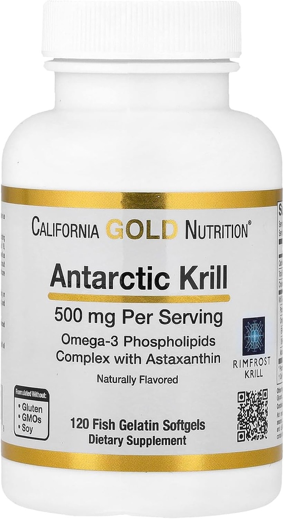 California Gold Nutrition Antarctic Krill Oil, Ultra-High Omega-3 met Astaxanthine, Natuurlijke Aardbei & Citroensmaak, Niet GGO, Glutenvrij, 500 mg, 120 Vis Gelatine Softgels, 2 Pack