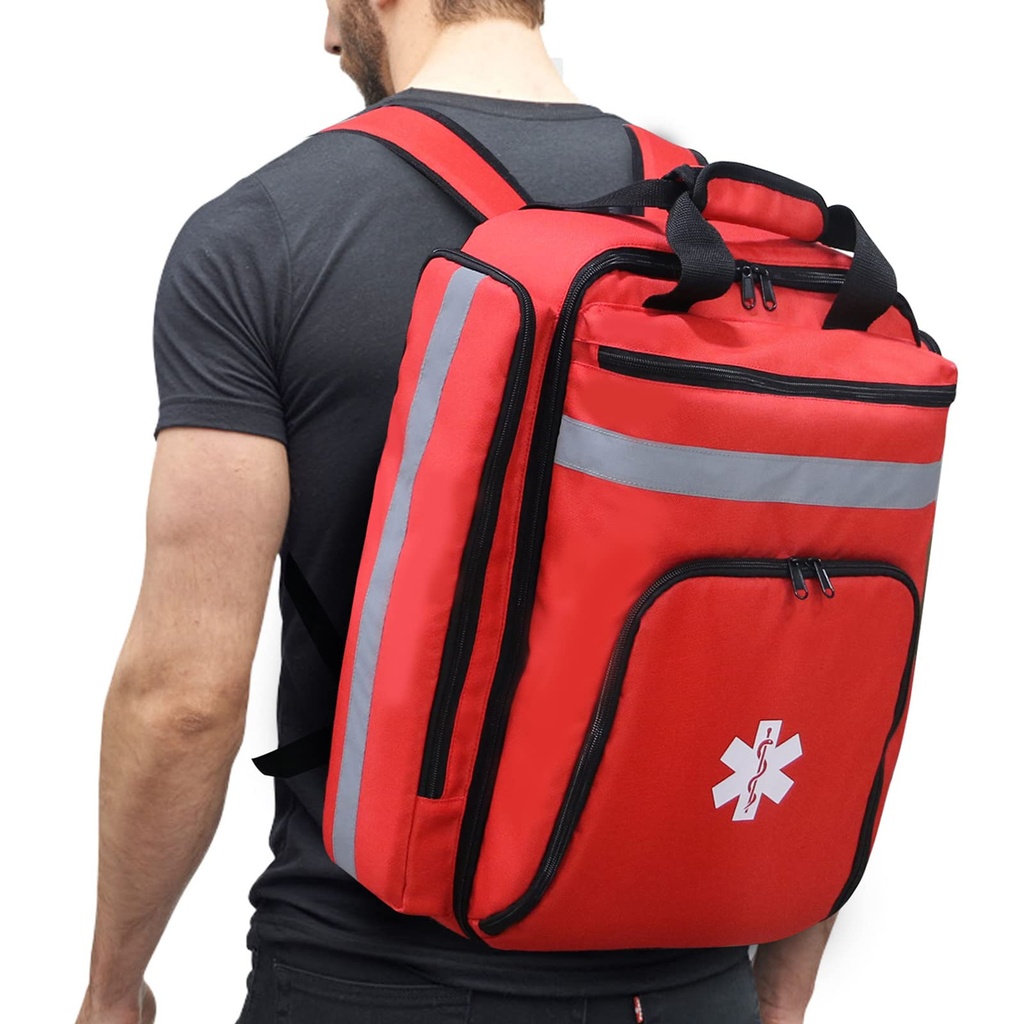 Emergency Medical Backpack, Empty First Aid Bag, First Aid Trauma Bag, with Reflector, Large Capacity (Red)