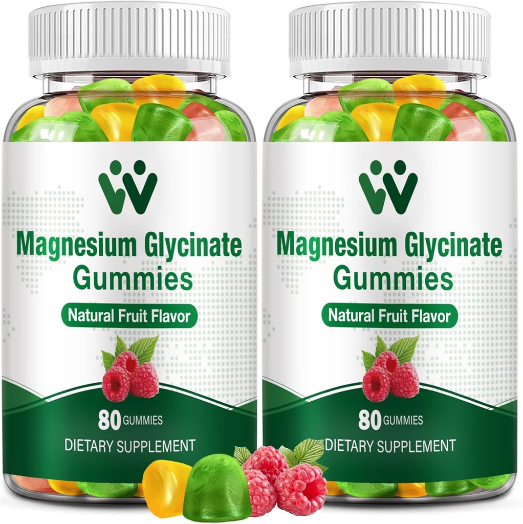 Magnesium Glycinate Gummies 400 - Magnesium Supplement voor Slaap, Stress & Muscle Relief Kalm Magnesium Kauwen voor volwassenen en kinderen met vitamine D, B6 Fruit smaak, Vegan, 2 Packs