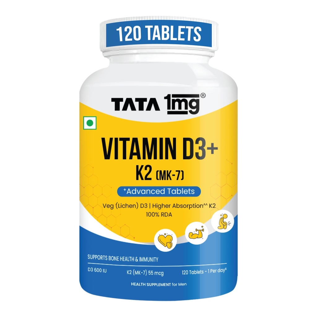 Tata 1mg Vitamin D3 + K2 (MK-7) | Supports Stronger Bones, Immunity & Calcium Absorption | 600 IU Vitamin D3 + 55 mcg K2 | Lichen Sourced, 100% Veg (120 Tablets)