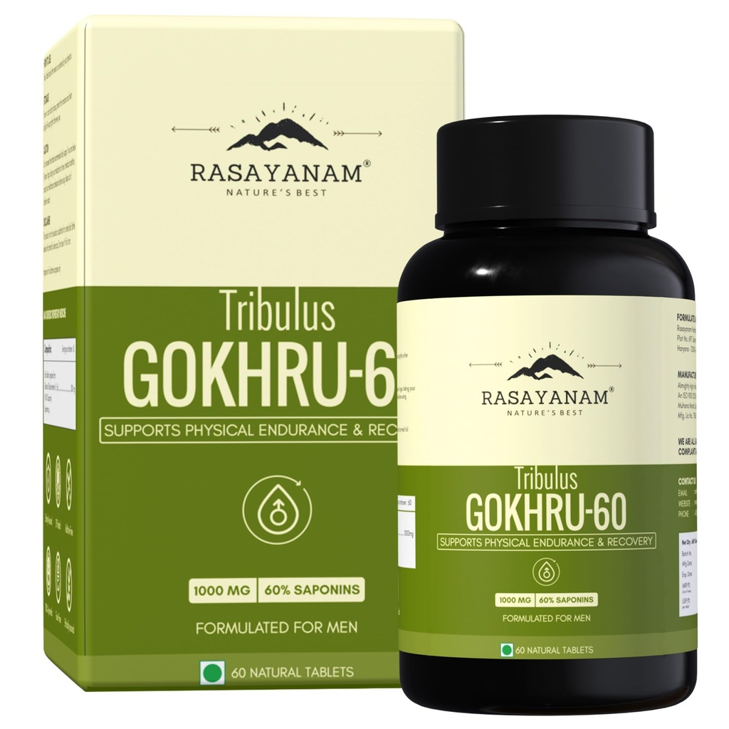 Rasayanam Gokshura Tablets 1000mg Gokhru per Serving, Highest Saponins 60%, Tribulus Terrestris for Men & Women | Improves Energy, Muscle Strength, Stamina & Supports Recovery - 60 Tablets