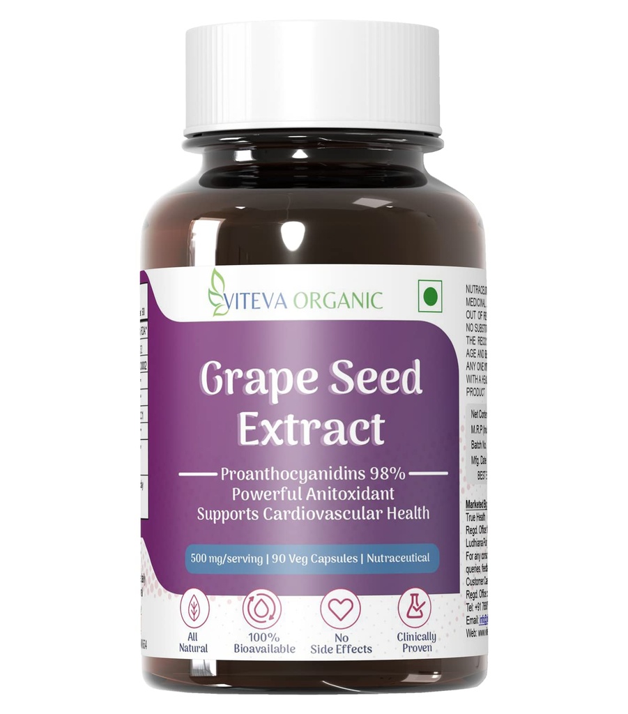 Grape Seed Extract with 98% Polyphenols 500mg 90 Veg Capsules - Supports Healthy Cholesterol Levels & Immunity - Antioxidant Supplement to promote Healthy Hair & Skin