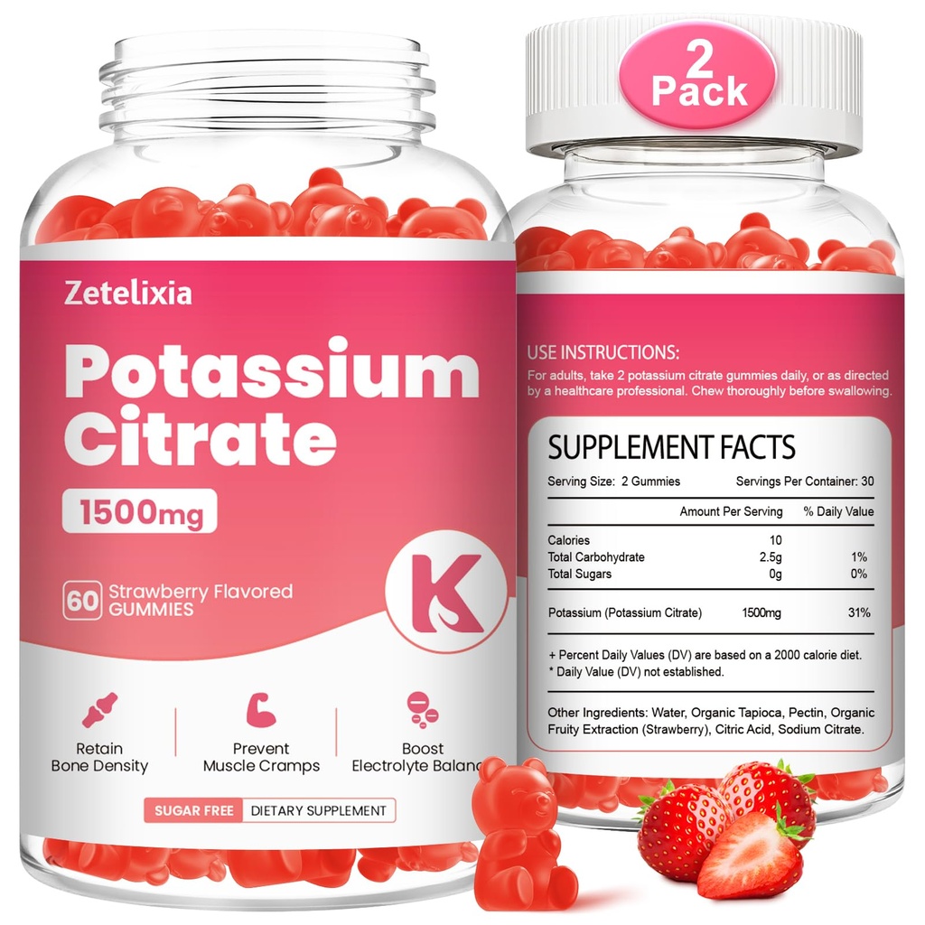 2 Pack Gommies de Potassium pour Adultes Femmes & Hommes, Supplément de Citrate de Potassium, Crampes de soutien des jambes, Santé musculaire et équilibre électrolytique, Sans sucre, Organique, Vegan, Fraise, 120 Cts