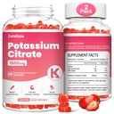 2 Pack Gommies de Potassium pour Adultes Femmes & Hommes, Supplément de Citrate de Potassium, Crampes de soutien des jambes, Santé musculaire et équilibre électrolytique, Sans sucre, Organique, Vegan, Fraise, 120 Cts