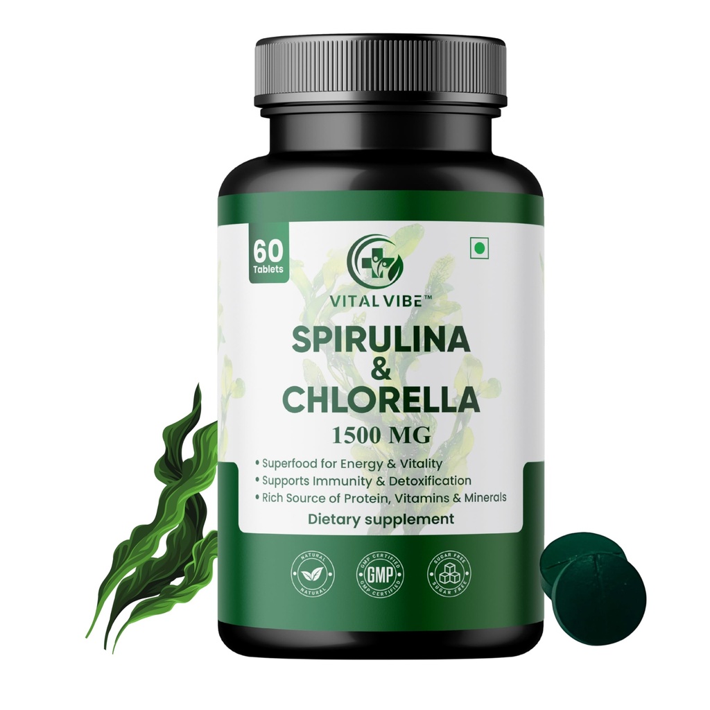 Spirulina & Chlorella1500 mg Tablets | Natural Detox & Immunity Booster | Plant-Based Superfood Supplement | Rich in Protein & Antioxidants | 60 Veg Tablets