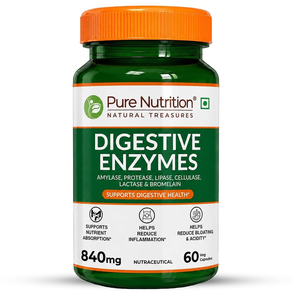 Pure Nutrition Digestive Enzymes 840mg with Bromelain | Digestive Enzymes Supplements Supports Digestion, Immunity & Gut Health | Eases Gas & Bloating - 60 Veg Capsules