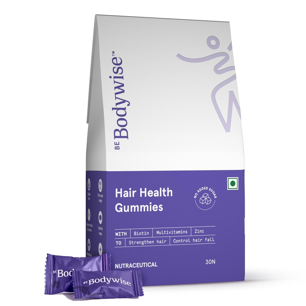 Be Bodywise Biotin Hair Gummies for Stronger, Shinier Hair & Nails | 30 Day Pack | With Biotin, Zinc, Folic Acid, Fibre & Multivitamin | Strawberry Flavour | No Added Refined Sugar, Gut Friendly