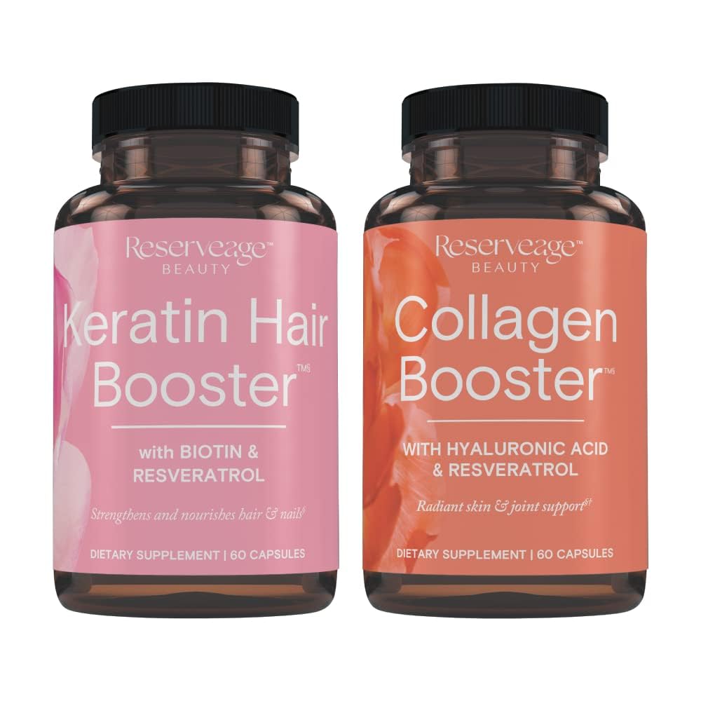 Reservering Ultra Collageen Booster & Keratine Hair Booster - Kenmerken Dermaval, Biotin & Resveratrol - Ondersteuning haren en huid - 60 Ultra Collageen Capsules, 60 Keratine Capsules
