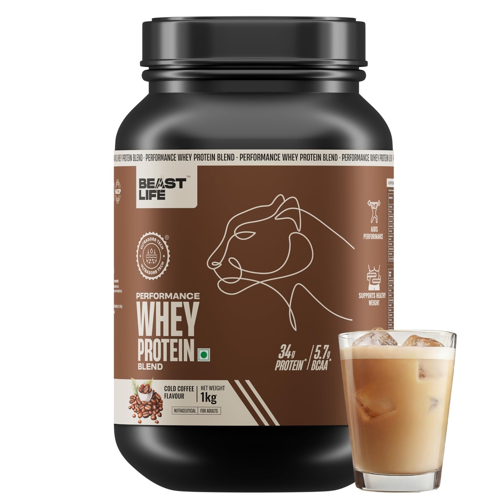 BeastLife Performance Yeast Whey Blend | 34g Protein | 5.7g BCAA | 1Kg | Cold Coffee | Muscle Growth & Recovery | Easy to Digest with Ultrasorb Tech | Smooth & Easy to Mix | Contains Whey Protein Concentrate & Yeast Protein