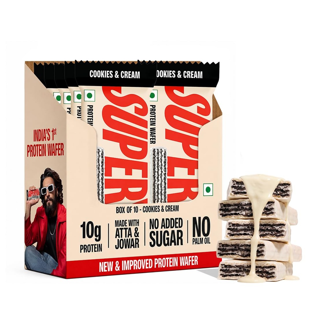 SuperYou Cookies & Cream Protein Wafer Bars (Pack of 10)|10g Protein, 3g Fiber, No Added Sugar|Yeast Fermented Protein|Energy Bars|Crunchy Wafer Bar|100% Vegetarian|No Palm Oil|400g