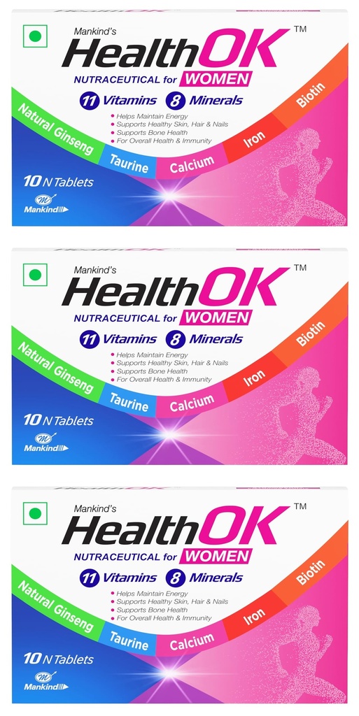 Mankind HealthOK Women Multivitamin 10 Tablets – Strawberry Flavour, Pure Vegetarian, 19+ Essential Vitamins & Minerals with Biotin & Ginseng | Hair Skin Nails, Energy & Bone Health Support x Pack of 3